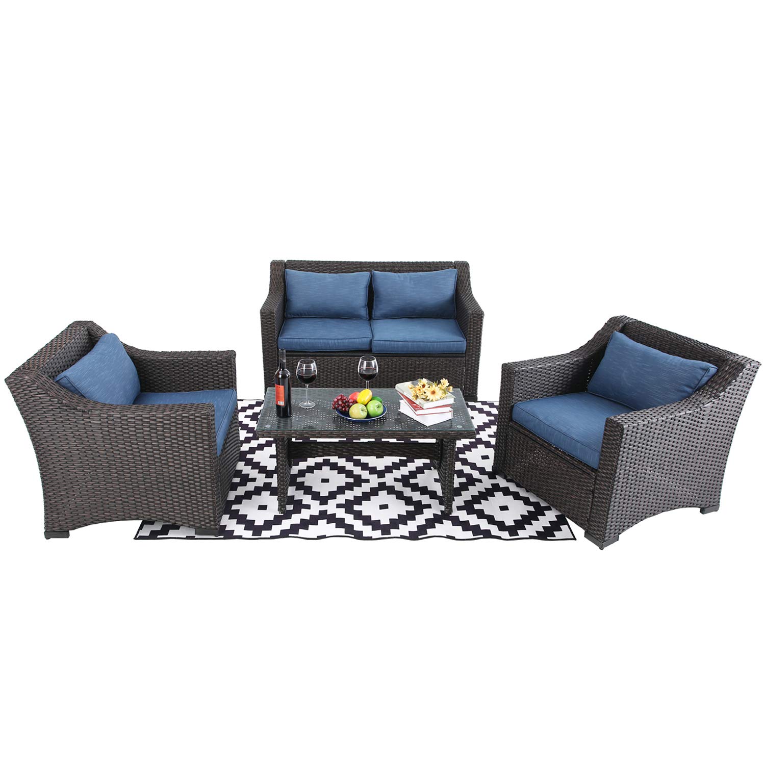 3-Piece, Turquoise Small Patio Wicker Furniture Set PHI VILLA Outdoor Rattan Sectional Sofa 