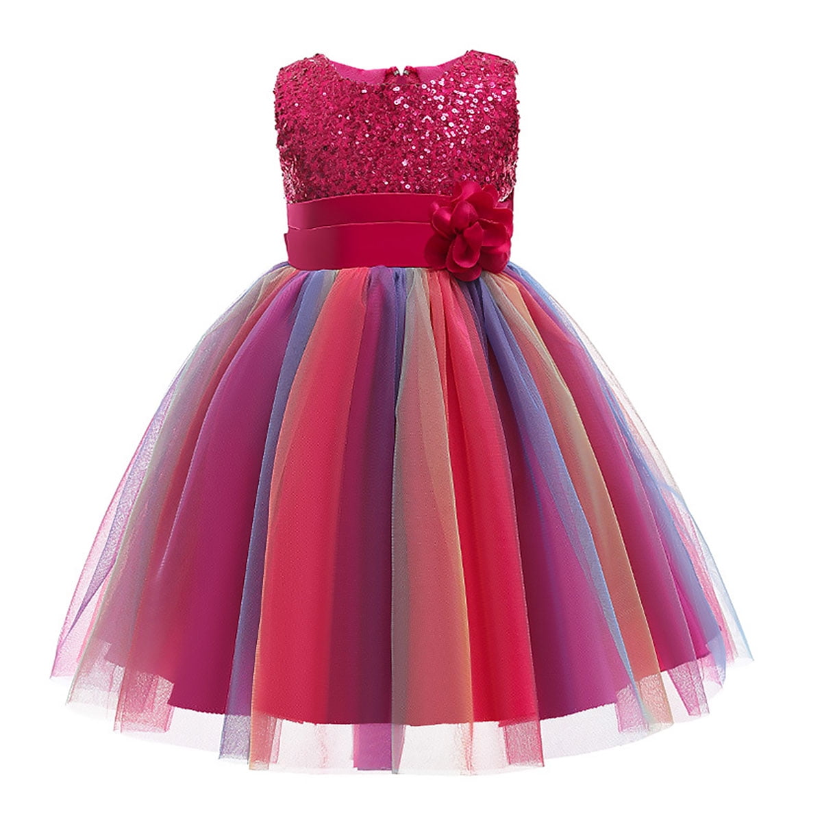 3D Flower Hi Lo Princess Tulle Dress Girls Rainbow Birthday Dresses Pageant Wedding Formal Party Tulle 