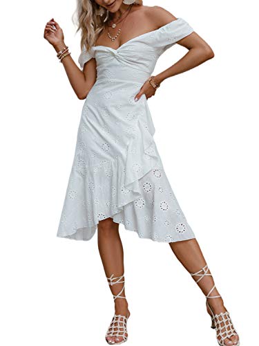 Miessial Women's Boho Off Shoulder Embroidery Midi Dresses Summer Elegant V-Neck Ruffle Dress 