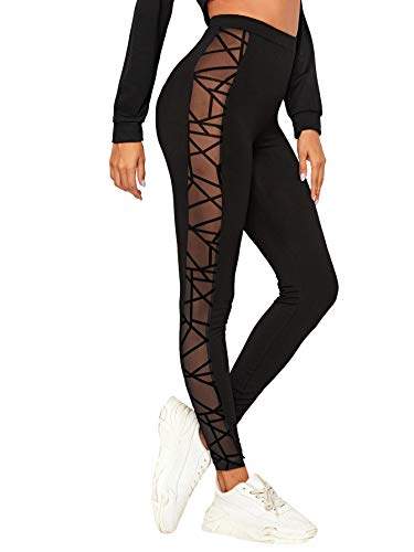 Women’s High Waist Mesh Lace Yoga Leggings with Side Pockets Tummy Control Workout Squat-Proof Yoga Pants 
