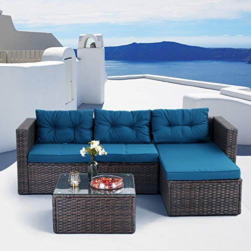 3-Piece, Turquoise Small Patio Wicker Furniture Set PHI VILLA Outdoor Rattan Sectional Sofa 