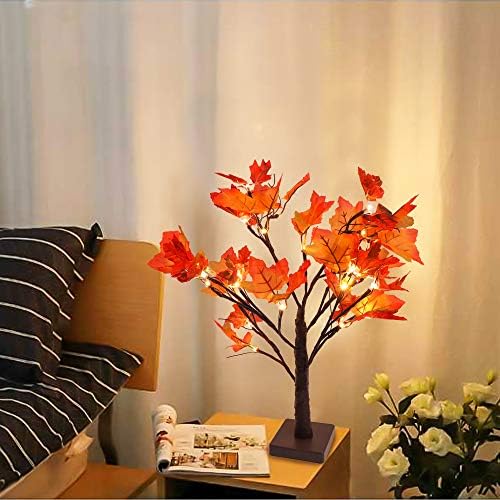 WATERGLIDE Tabletop Lighted Maple Tree 24 LED Thanksgiving Decorations Lights Artificial Table Centerpiece Battery Operated with Timer Leaf and Acorn Autumn Fall Trees for Indoor Home Bedroom Décor 
