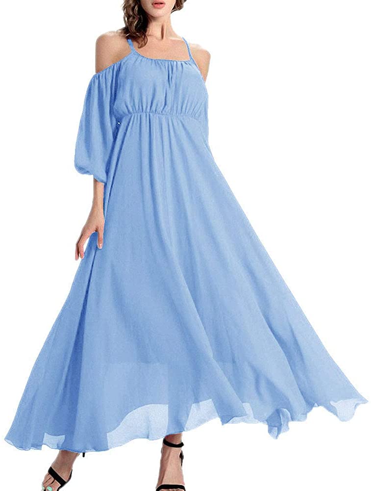 Afibi Womens Off Shoulder Long Chiffon Casual Dress Maxi Evening Dress 