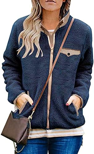 MEROKEETY Womens Long Sleeve Full Zip Sherpa Jackets Patchwork Fleece Coat with Zipper 