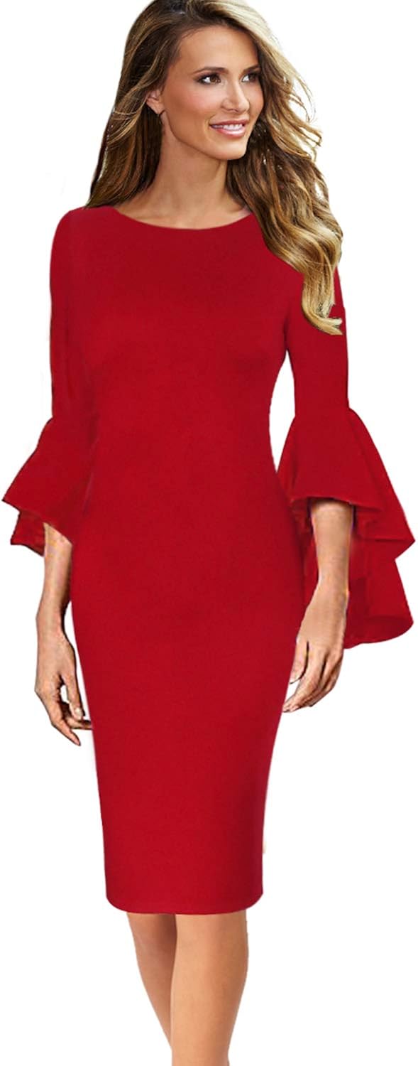 Vfshow Womens Bell Sleeve Cocktail Party Bodycon Pencil Sheath Dress 