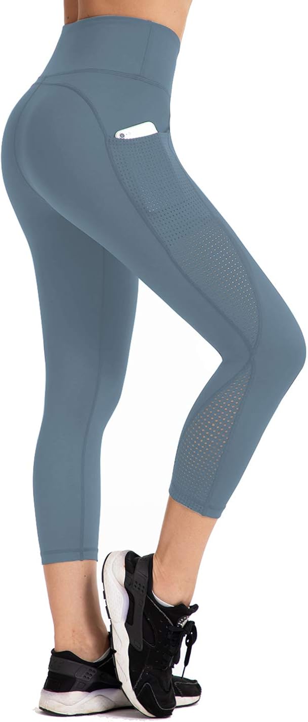 UURUN High Waist Yoga Pants Capri Workout Running Leggings with Pockets Non-See-Through Printed Fabric 