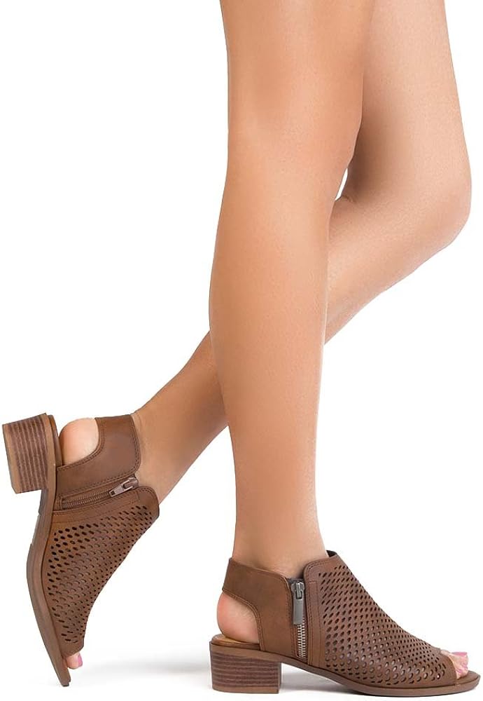 Peep Toe Low Block Heel Perforated Bootie J Adams Tracy Booties for Women Peep Toe Low Block Heel Perforated Bootie J Adams Tracy Booties for Women