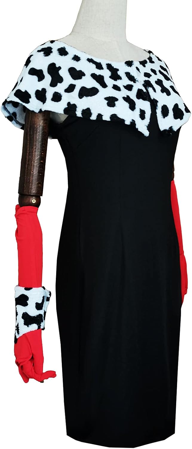 Women's Cruella Deville Costume Dress Stole with Gloves Full Set Outfits for Halloween 