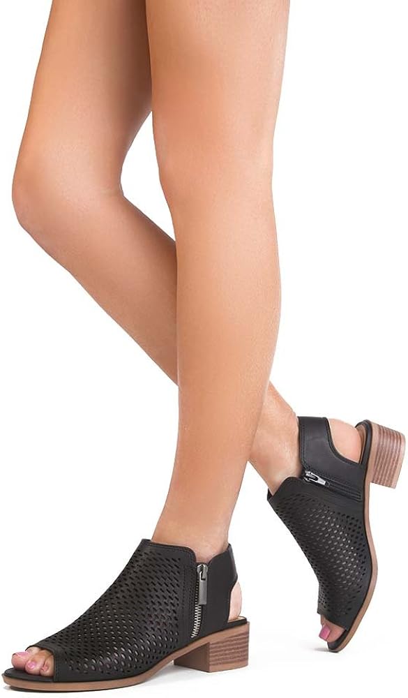 Peep Toe Low Block Heel Perforated Bootie J Adams Tracy Booties for Women Peep Toe Low Block Heel Perforated Bootie J Adams Tracy Booties for Women