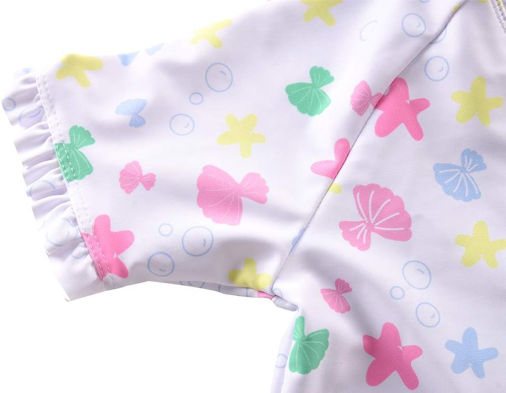 Short Sleeve Bathing Suit Swimsuit Cadocado Girls Print Zip Rash Guard Swimwear Ruffled UPF 50 