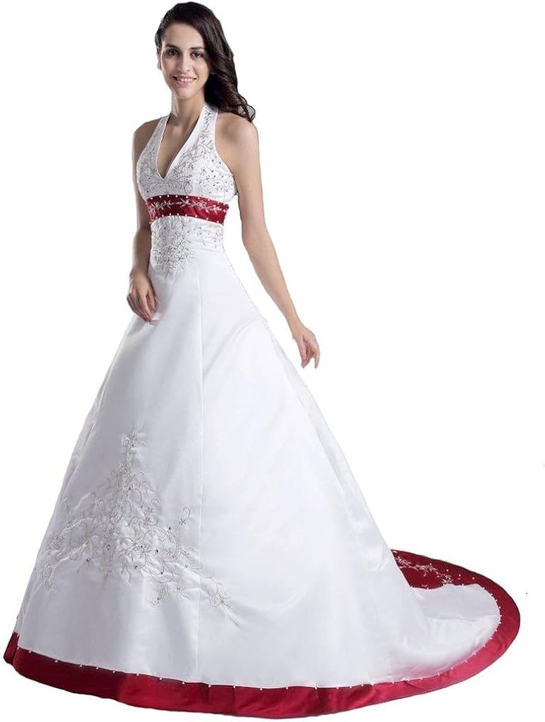 Snowskite Womens Halter Embroidery Satin Wedding Bridal Dress Corset Back 