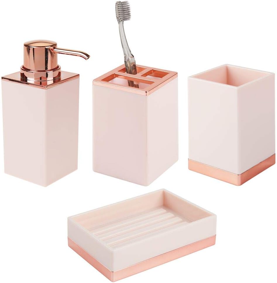 Square Plastic Clear/Soft Brass Soap Dish mDesign Bathroom Vanity Countertop Accessory Set Tumbler Rinsing Cup Divided Toothbrush Holder 4 Pieces Includes Soap Dispenser Pump Square Plastic Clear/Soft Brass Soap Dish mDesign Bathroom Vanity Countertop Accessory Set Tumbler Rinsing Cup Divided Toothbrush Holder 4 Pieces Includes Soap Dispenser Pump