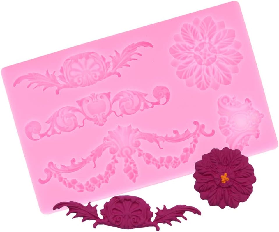 Gray Kitchen Baking Tool YIHEXUANkeji Embossed Flower Silicone Mold 3D Silicone Embossing Cake Fondant Moulds Baroque Scroll Relief Flower Chocolate Mould 