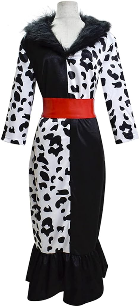Women's Cruella Deville Costume Dress Stole with Gloves Full Set Outfits for Halloween 