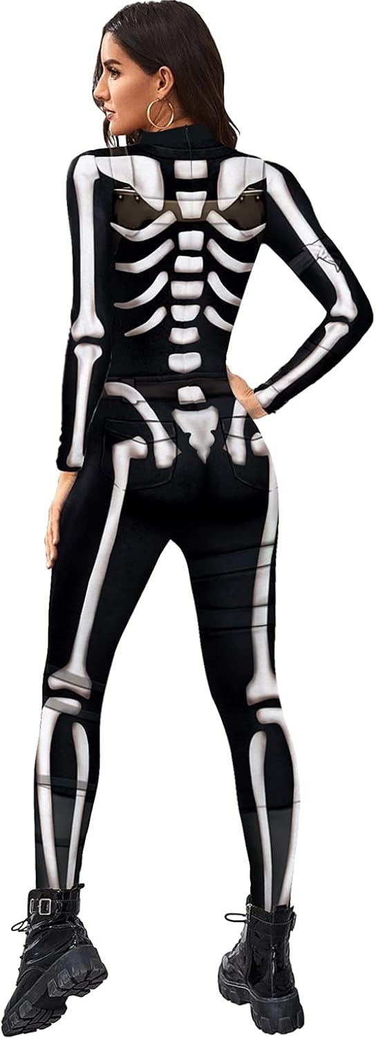 ALBIZIA Women's Skull Skeleton Halloween Costume Jumpsuit Bodysuit Bodycon Outfit 
