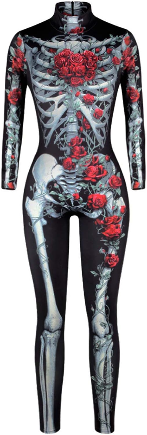 ALBIZIA Women's Skull Skeleton Halloween Costume Jumpsuit Bodysuit Bodycon Outfit 