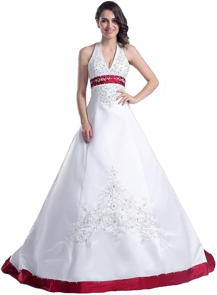 Snowskite Womens Halter Embroidery Satin Wedding Bridal Dress Corset Back 