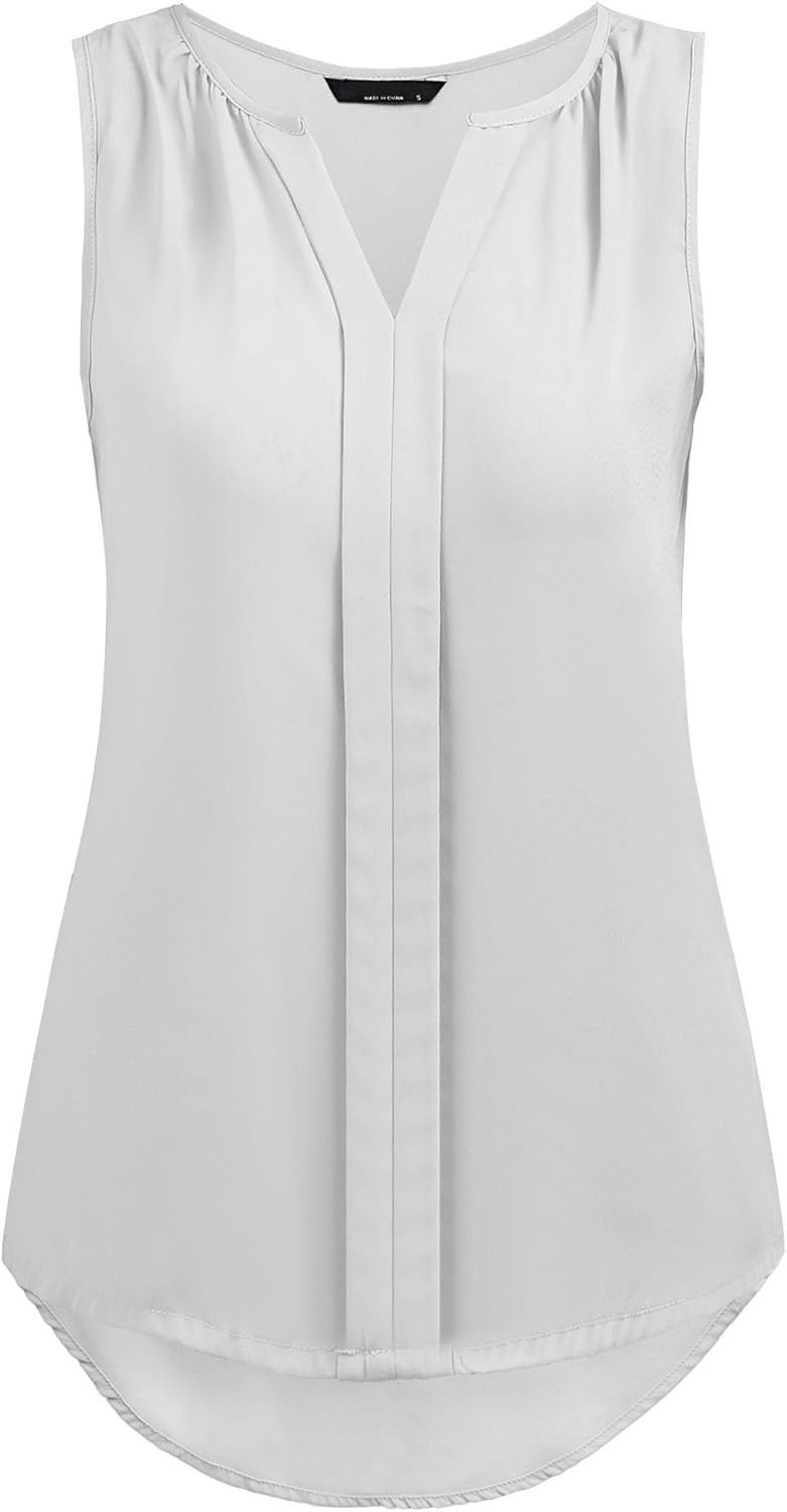 Grabsa Women's Chiffon Blouse Notch Neck Sleeveless Pleated Front Tank Top Grabsa Women's Chiffon Blouse Notch Neck Sleeveless Pleated Front Tank Top