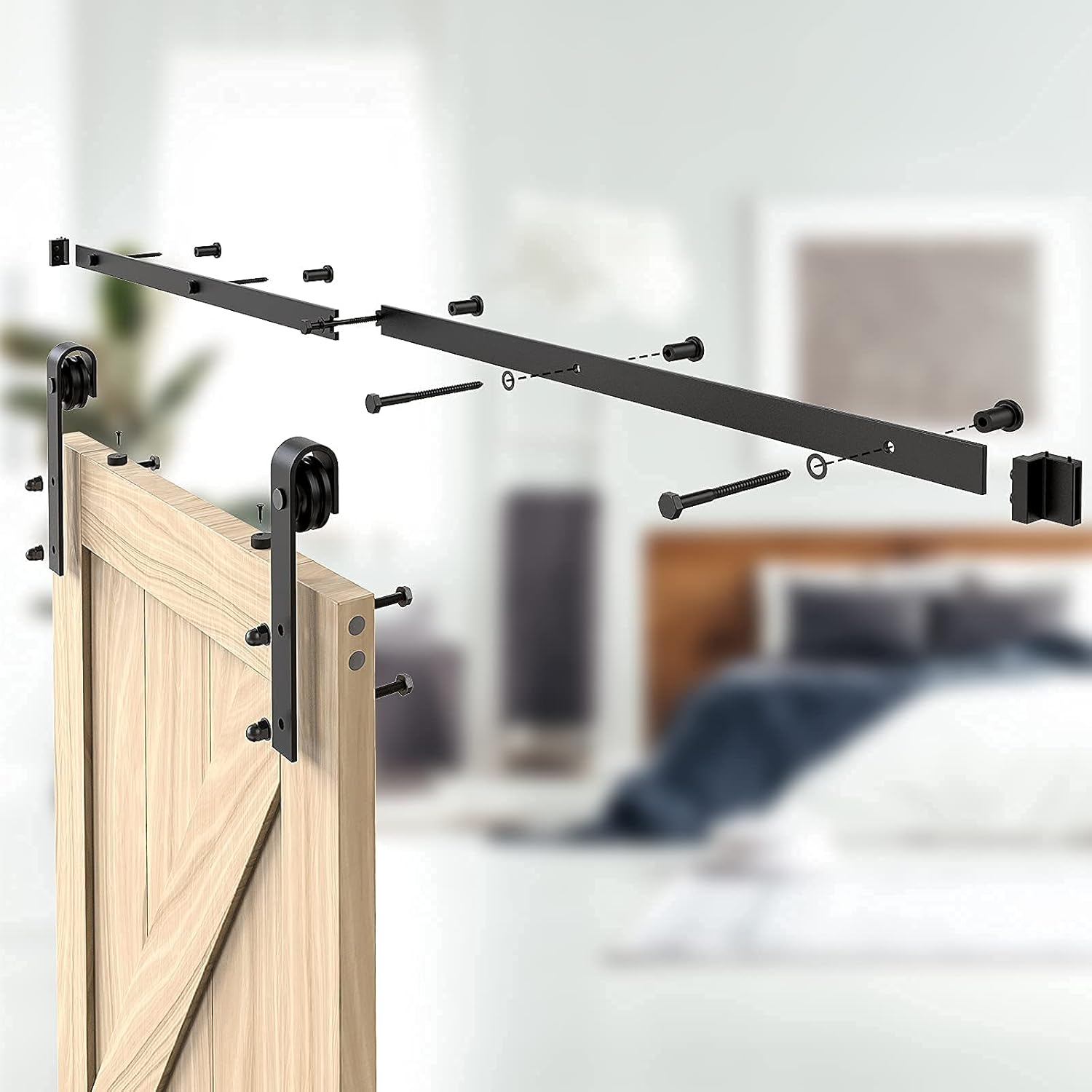 Easy Installation J Shape Hanger Smoothly and Quietly Fit 1 3/8-1 3/4 Thickness Door Panel Black ROOMTEC Sliding Barn Door Hardware Kit 6ft Heavy Duty Sturdy 