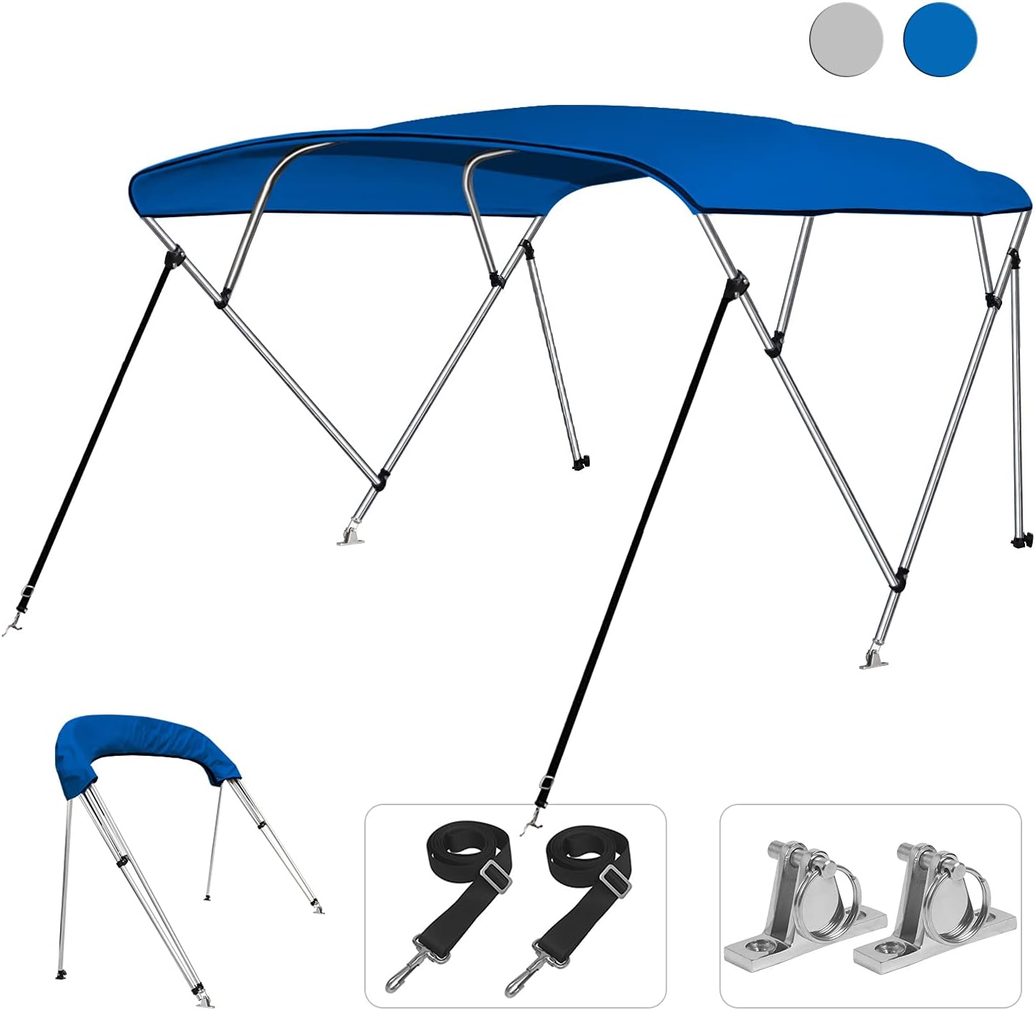 2 Straps KAKIT 750D 3 4 Bow Bimini Top Boat Cover with 2 Rear Support Poles Stainless Steel Mounting Hardwares 1 Inch Stainless Aluminum Frame Storage Boot 4 Quick Release Deck Mounts 