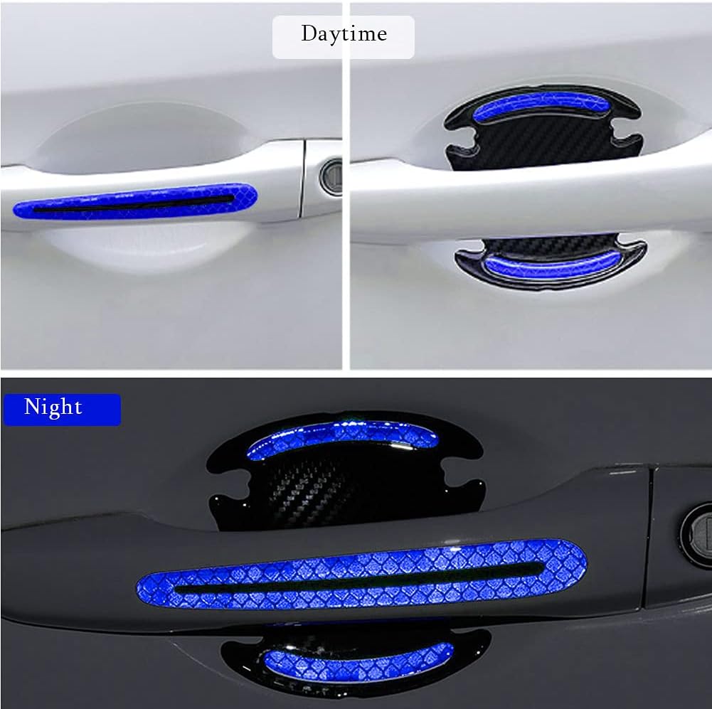 Goukos 8PCS 3D Car Door Handle Scratch Protector Reflective Sticker Warning Bumper Guard Sticker Door Handle Cup Cover Reflector Film Universal Size Blue 