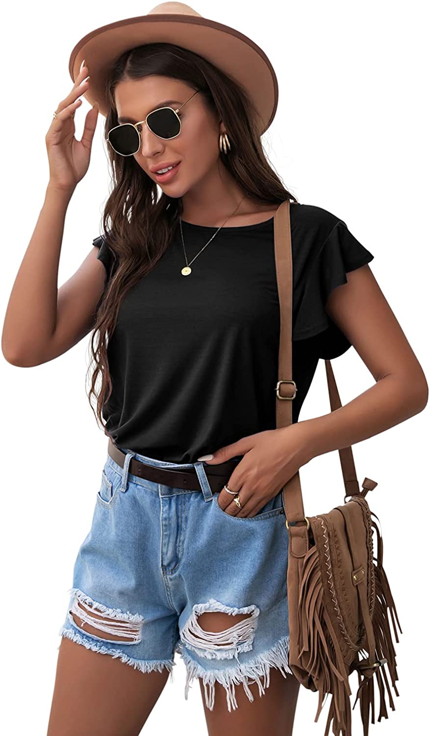 PrinStory Summer Tops Knit Shirts Casual Ruffle Short Sleeve Top Round Neck Tunic Tank Tops Tee Blouse for Women 