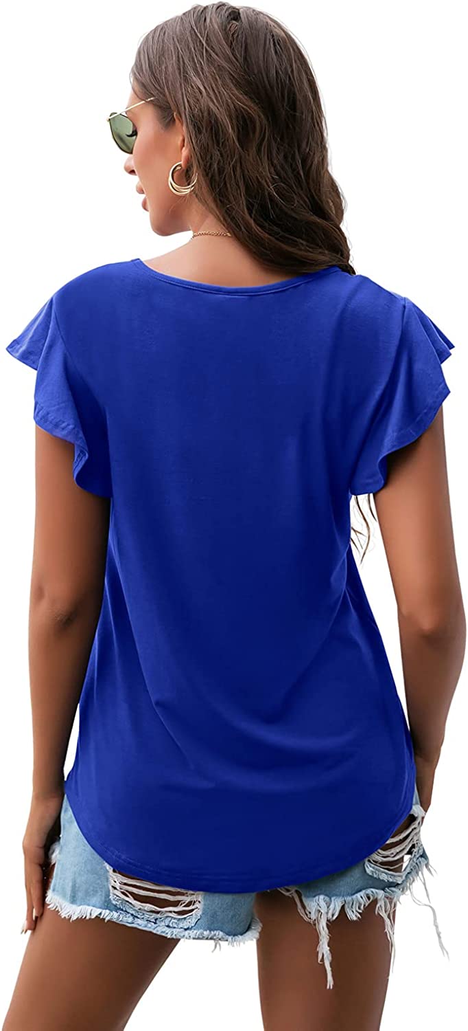 PrinStory Summer Tops Knit Shirts Casual Ruffle Short Sleeve Top Round Neck Tunic Tank Tops Tee Blouse for Women 