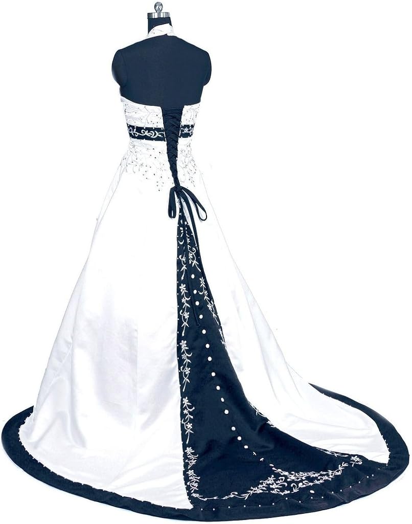 Snowskite Womens Halter Embroidery Satin Wedding Bridal Dress Corset Back 