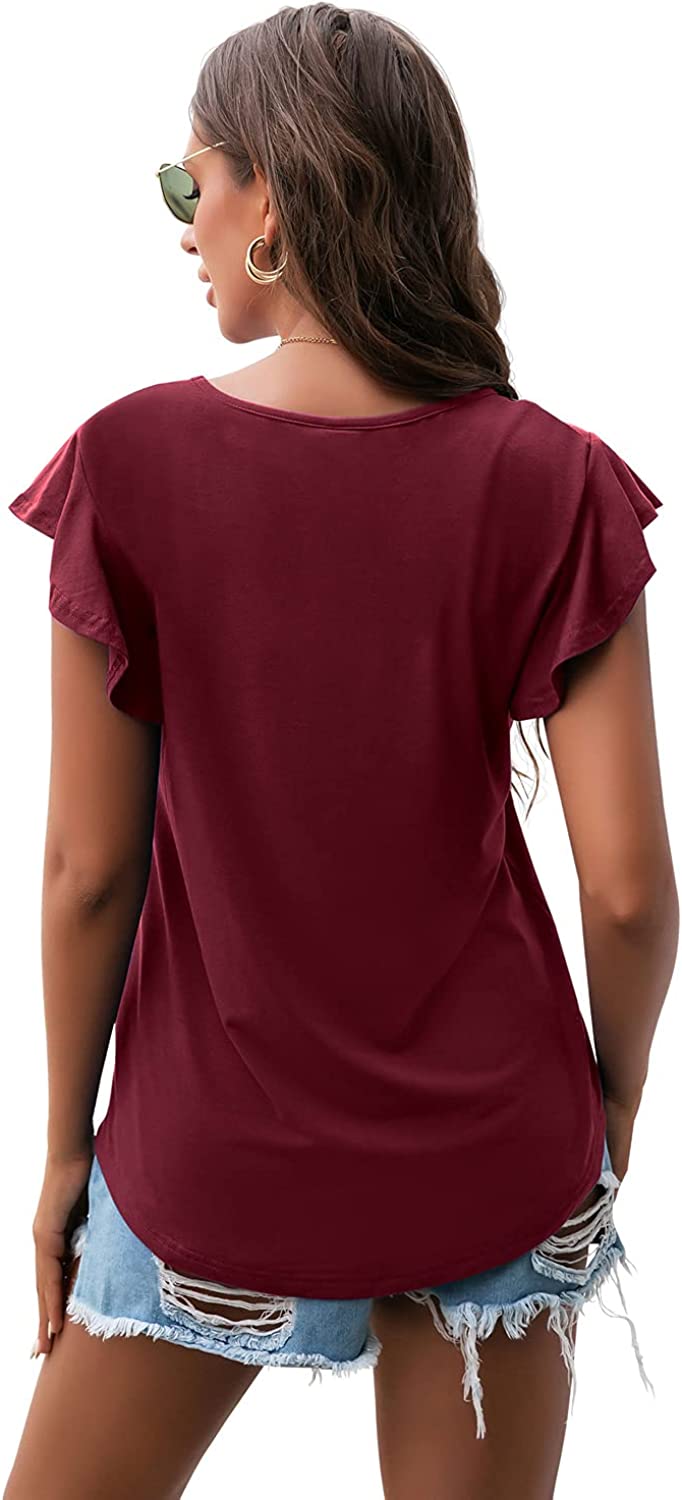 PrinStory Summer Tops Knit Shirts Casual Ruffle Short Sleeve Top Round Neck Tunic Tank Tops Tee Blouse for Women 