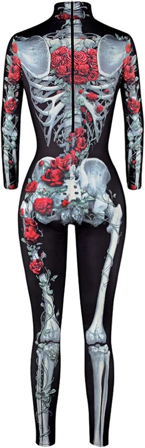 ALBIZIA Women's Skull Skeleton Halloween Costume Jumpsuit Bodysuit Bodycon Outfit 