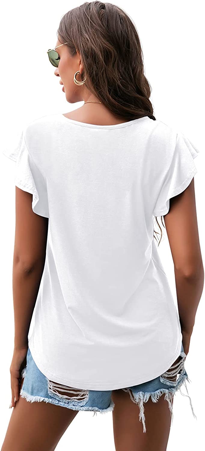 PrinStory Summer Tops Knit Shirts Casual Ruffle Short Sleeve Top Round Neck Tunic Tank Tops Tee Blouse for Women 