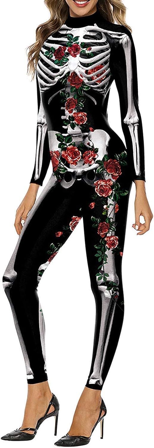 ALBIZIA Women's Skull Skeleton Halloween Costume Jumpsuit Bodysuit Bodycon Outfit 