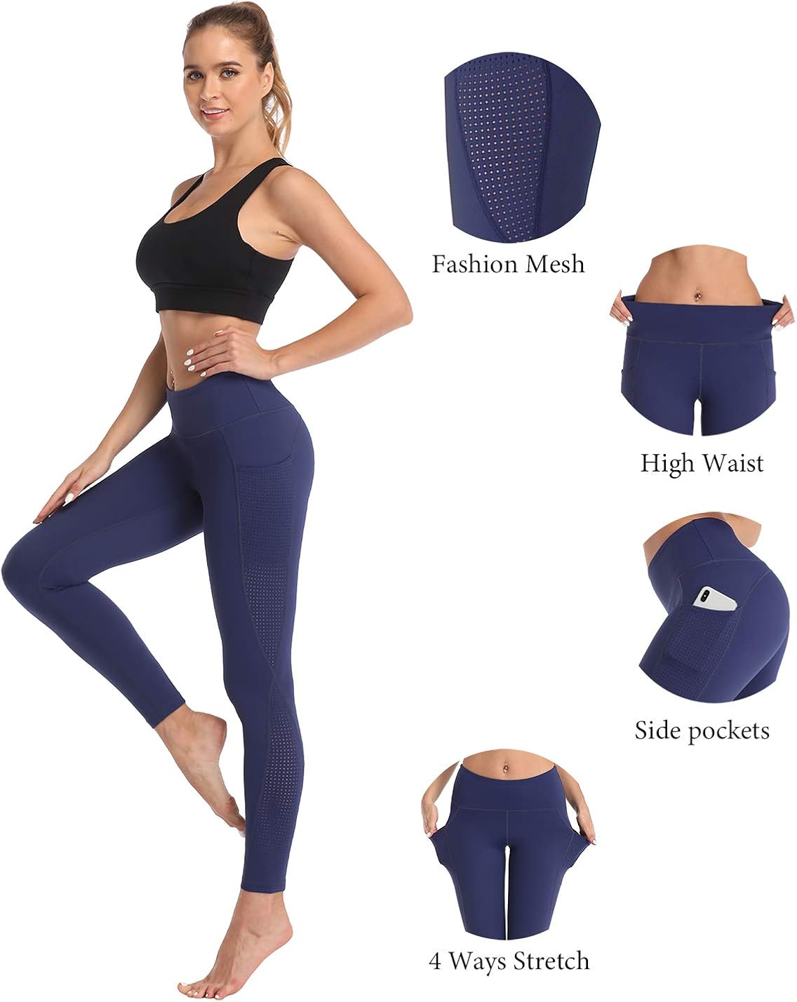 UURUN High Waist Yoga Pants Capri Workout Running Leggings with Pockets Non-See-Through Printed Fabric 