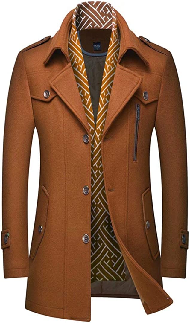 INVACHI Men's Single breasted Mid-length Winter Woolen Business Coat with Free Detachable Soft Touch Wool Scarf 