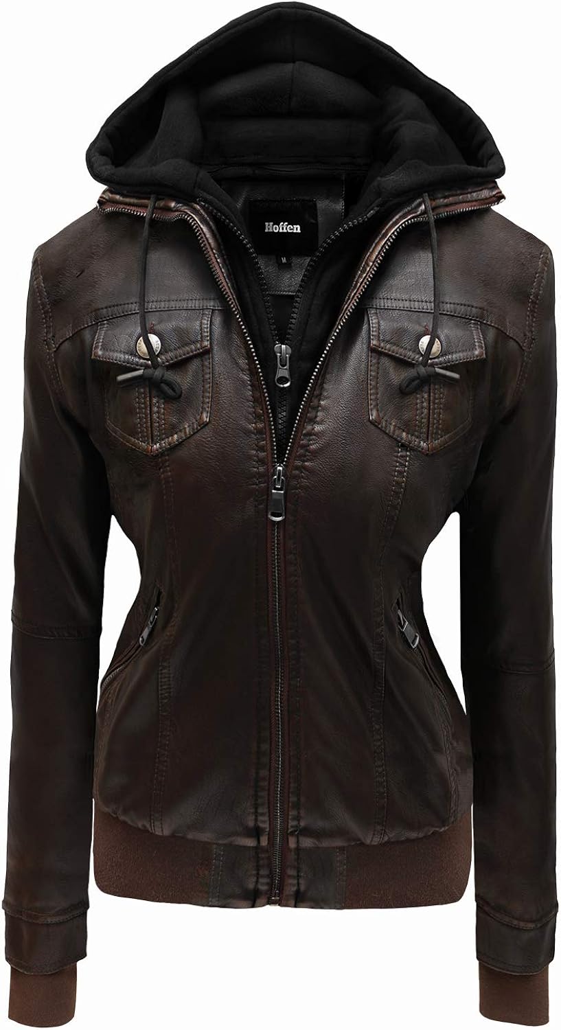 Hoffen Premium Vegan Leather Jacket for Women with Detachable Hood Seitig Model 