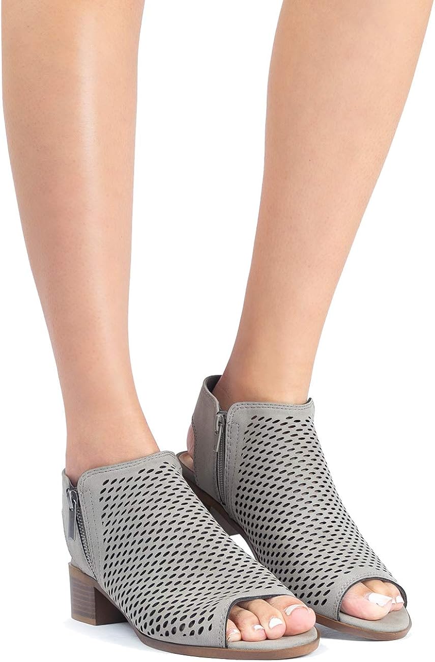 Peep Toe Low Block Heel Perforated Bootie J Adams Tracy Booties for Women Peep Toe Low Block Heel Perforated Bootie J Adams Tracy Booties for Women