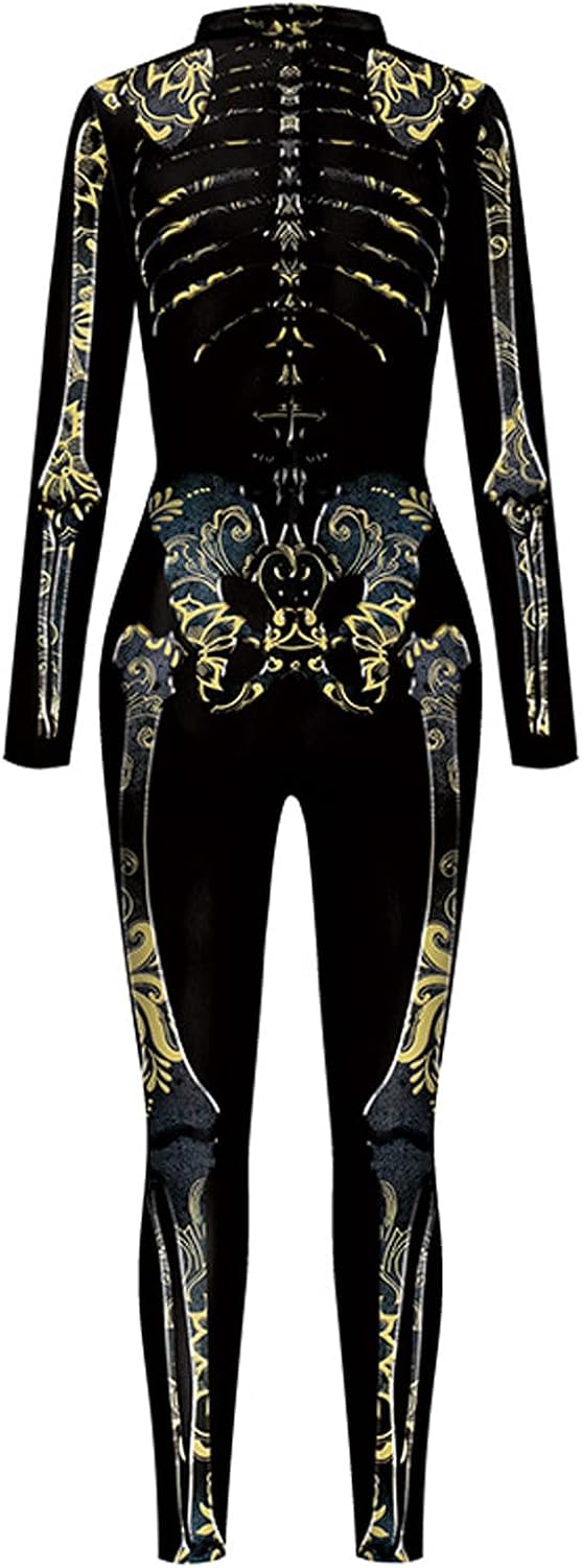 ALBIZIA Women's Skull Skeleton Halloween Costume Jumpsuit Bodysuit Bodycon Outfit 