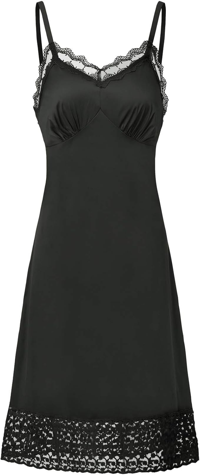 Women Full Slips for Under Dress Adjustable Spaghetti Strap Lace Slip V Neck Nightgown with Ruffle Hem 