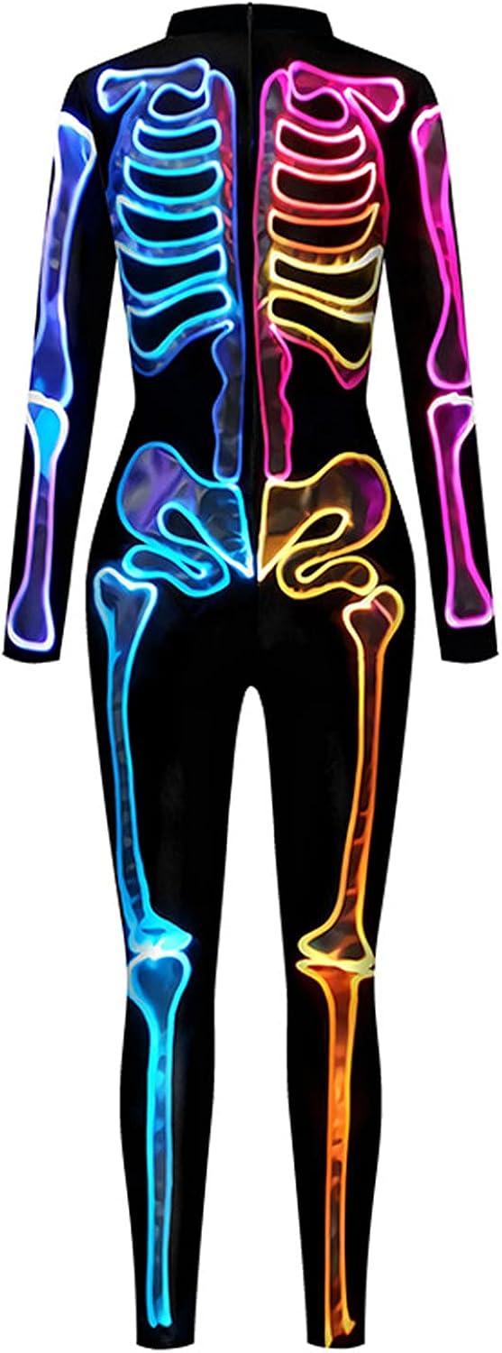 ALBIZIA Women's Skull Skeleton Halloween Costume Jumpsuit Bodysuit Bodycon Outfit 