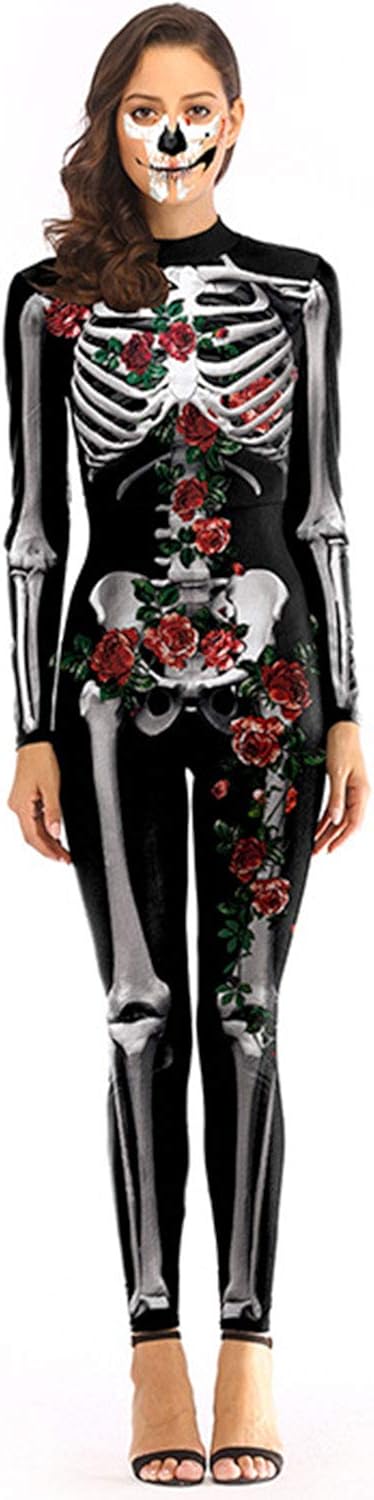 ALBIZIA Women's Skull Skeleton Halloween Costume Jumpsuit Bodysuit Bodycon Outfit 