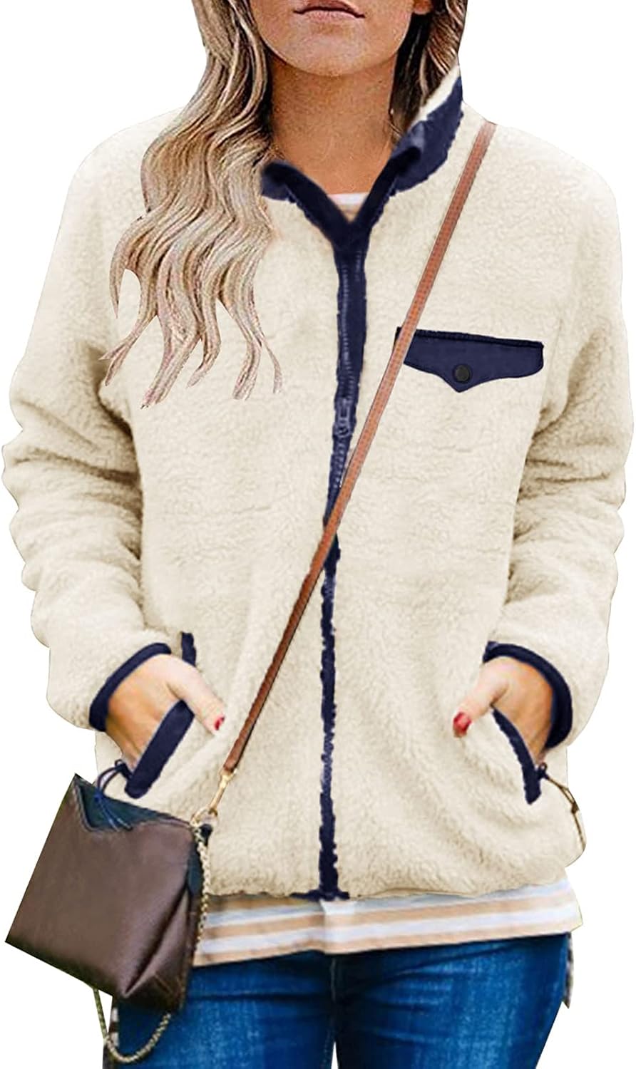 MEROKEETY Womens Long Sleeve Full Zip Sherpa Jackets Patchwork Fleece Coat with Zipper 