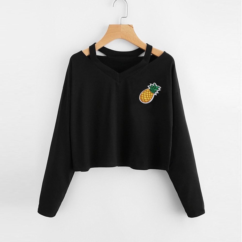 Fashion Pineapple Print Long Sleeve Crop Top Hoodies Zulmaliu Girl Sweatshirt Black 8,M 