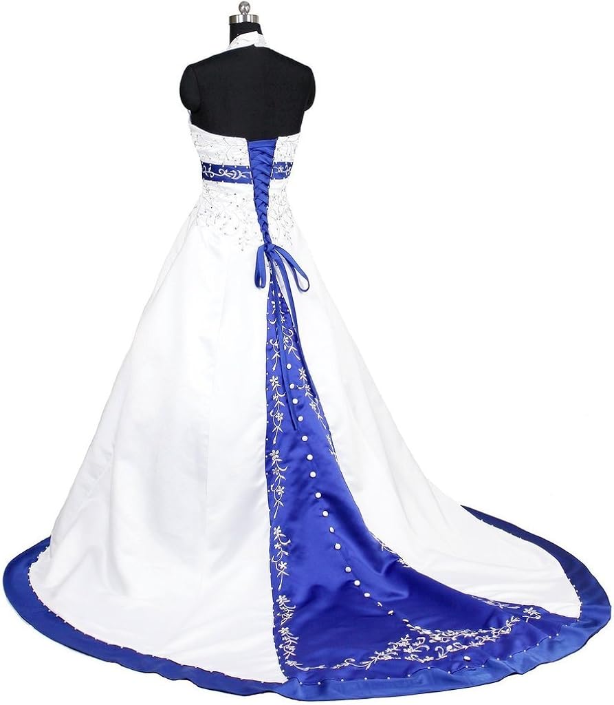 Snowskite Womens Halter Embroidery Satin Wedding Bridal Dress Corset Back 