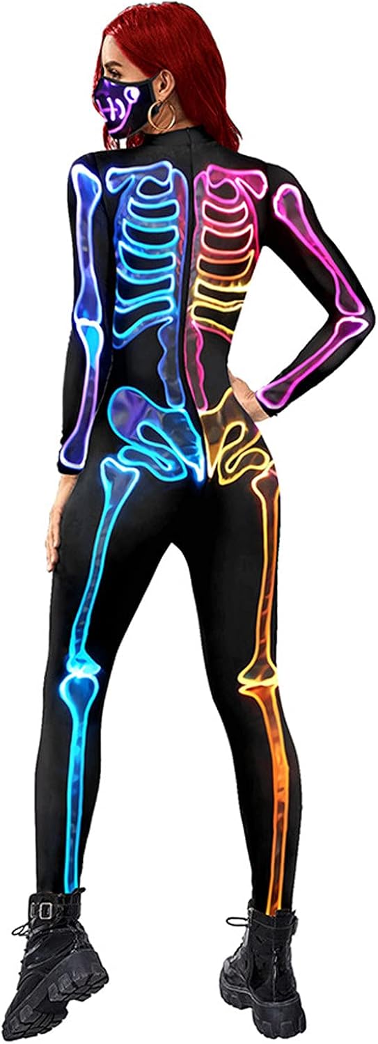 ALBIZIA Women's Skull Skeleton Halloween Costume Jumpsuit Bodysuit Bodycon Outfit 