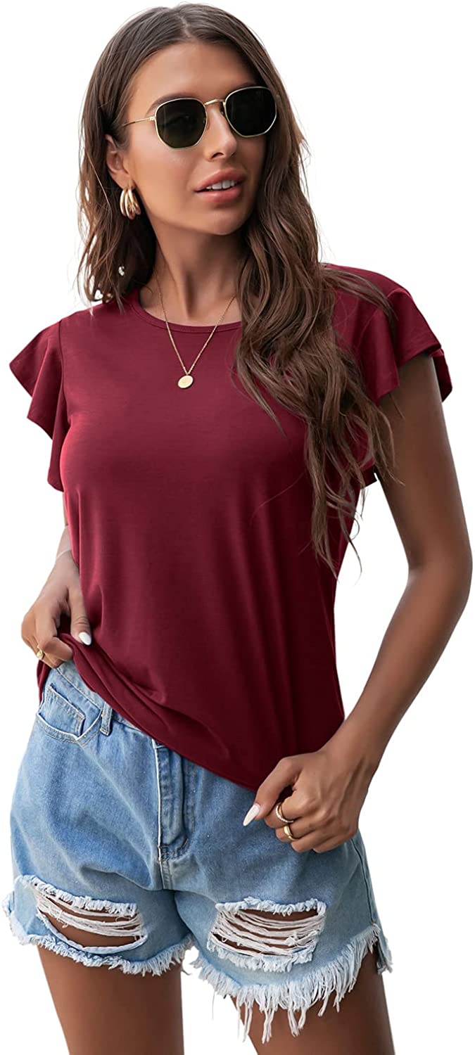 PrinStory Summer Tops Knit Shirts Casual Ruffle Short Sleeve Top Round Neck Tunic Tank Tops Tee Blouse for Women 