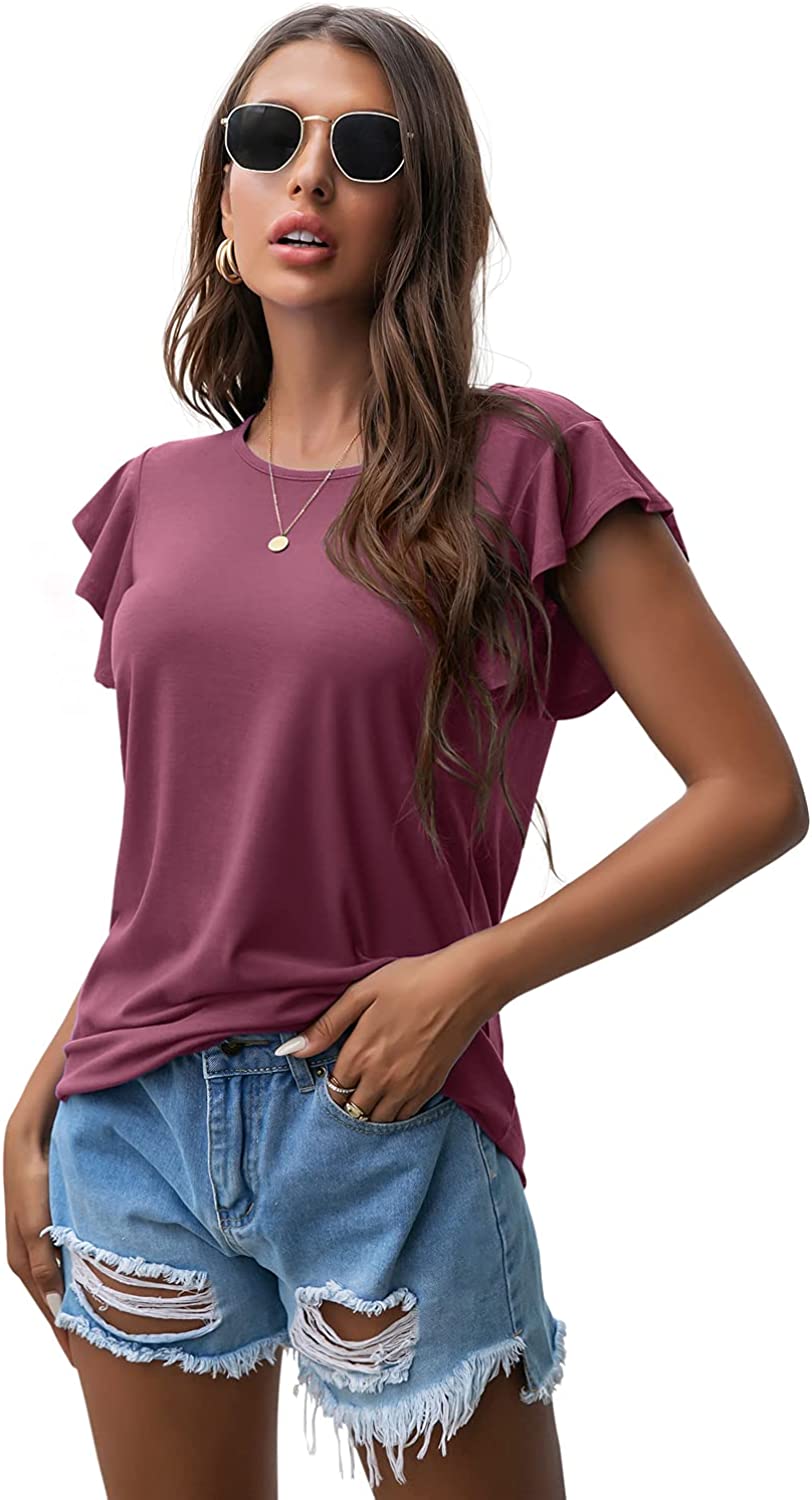 PrinStory Summer Tops Knit Shirts Casual Ruffle Short Sleeve Top Round Neck Tunic Tank Tops Tee Blouse for Women 