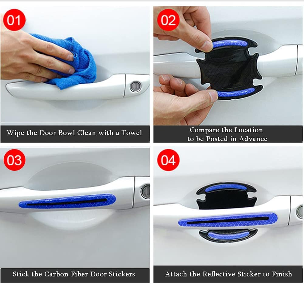 Goukos 8PCS 3D Car Door Handle Scratch Protector Reflective Sticker Warning Bumper Guard Sticker Door Handle Cup Cover Reflector Film Universal Size Blue 