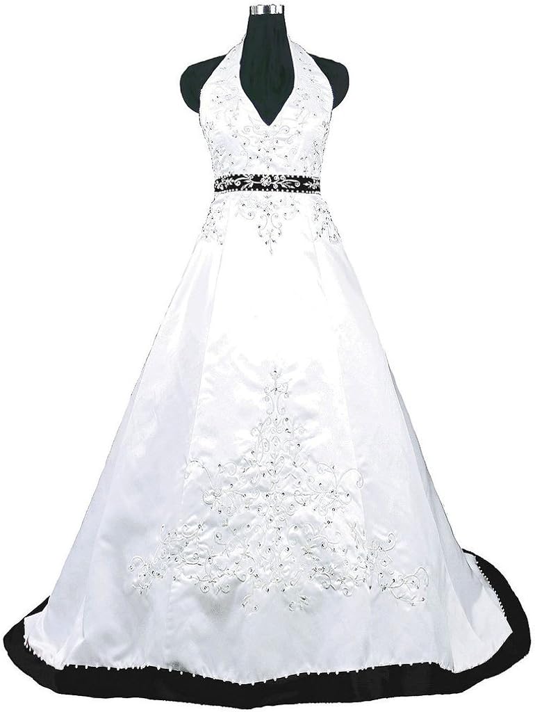 Snowskite Womens Halter Embroidery Satin Wedding Bridal Dress Corset Back 