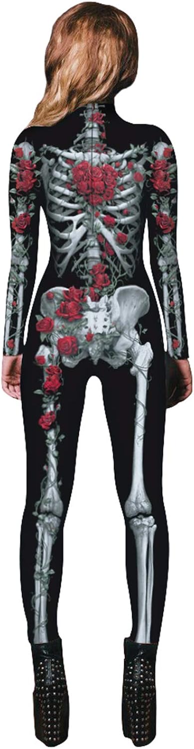 ALBIZIA Women's Skull Skeleton Halloween Costume Jumpsuit Bodysuit Bodycon Outfit 