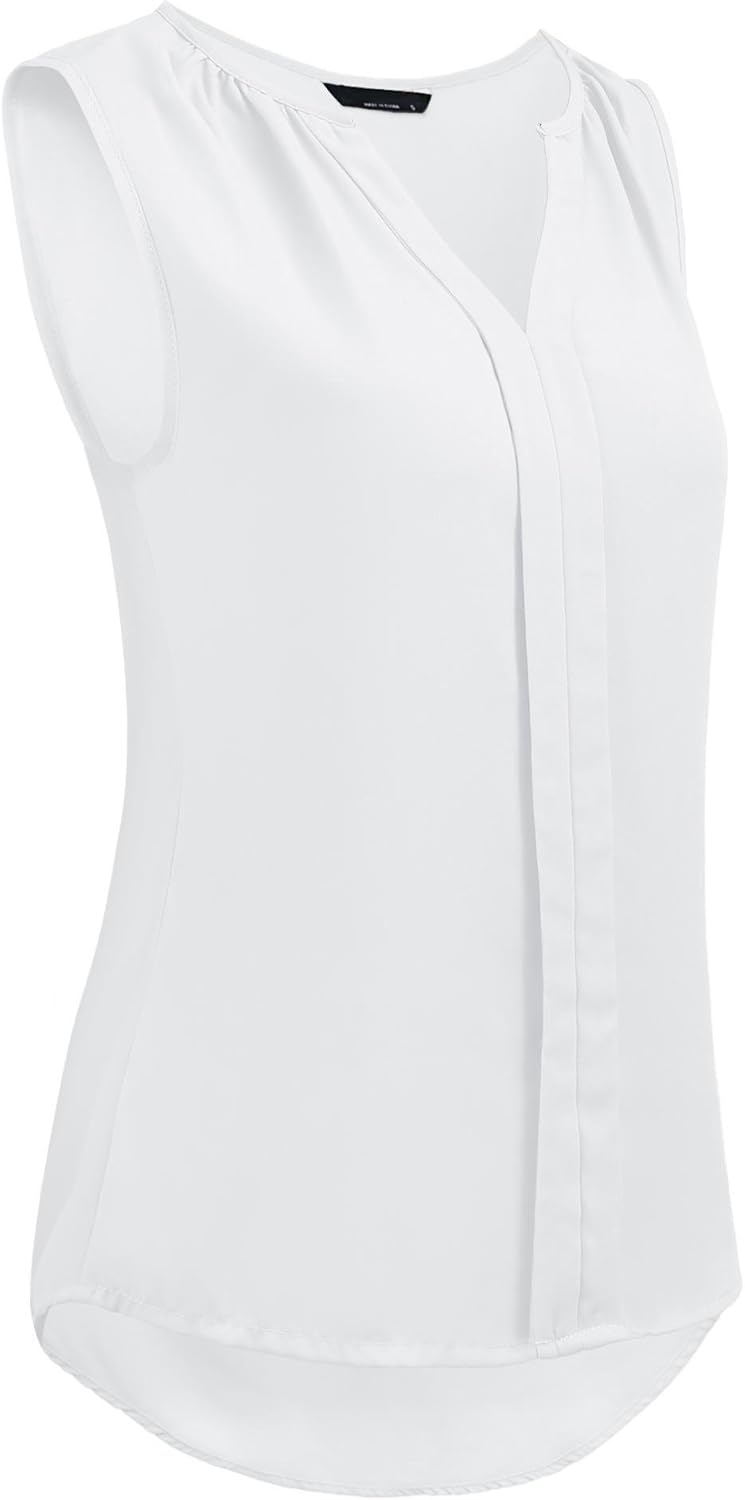Grabsa Women's Chiffon Blouse Notch Neck Sleeveless Pleated Front Tank Top Grabsa Women's Chiffon Blouse Notch Neck Sleeveless Pleated Front Tank Top